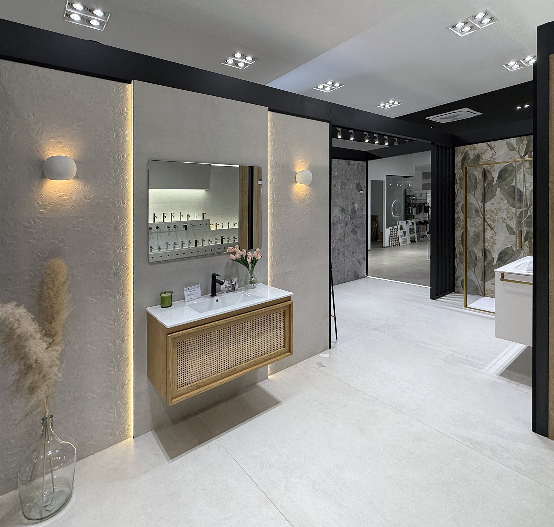 Ambiente con mueble de lavabo de madera y rejilla