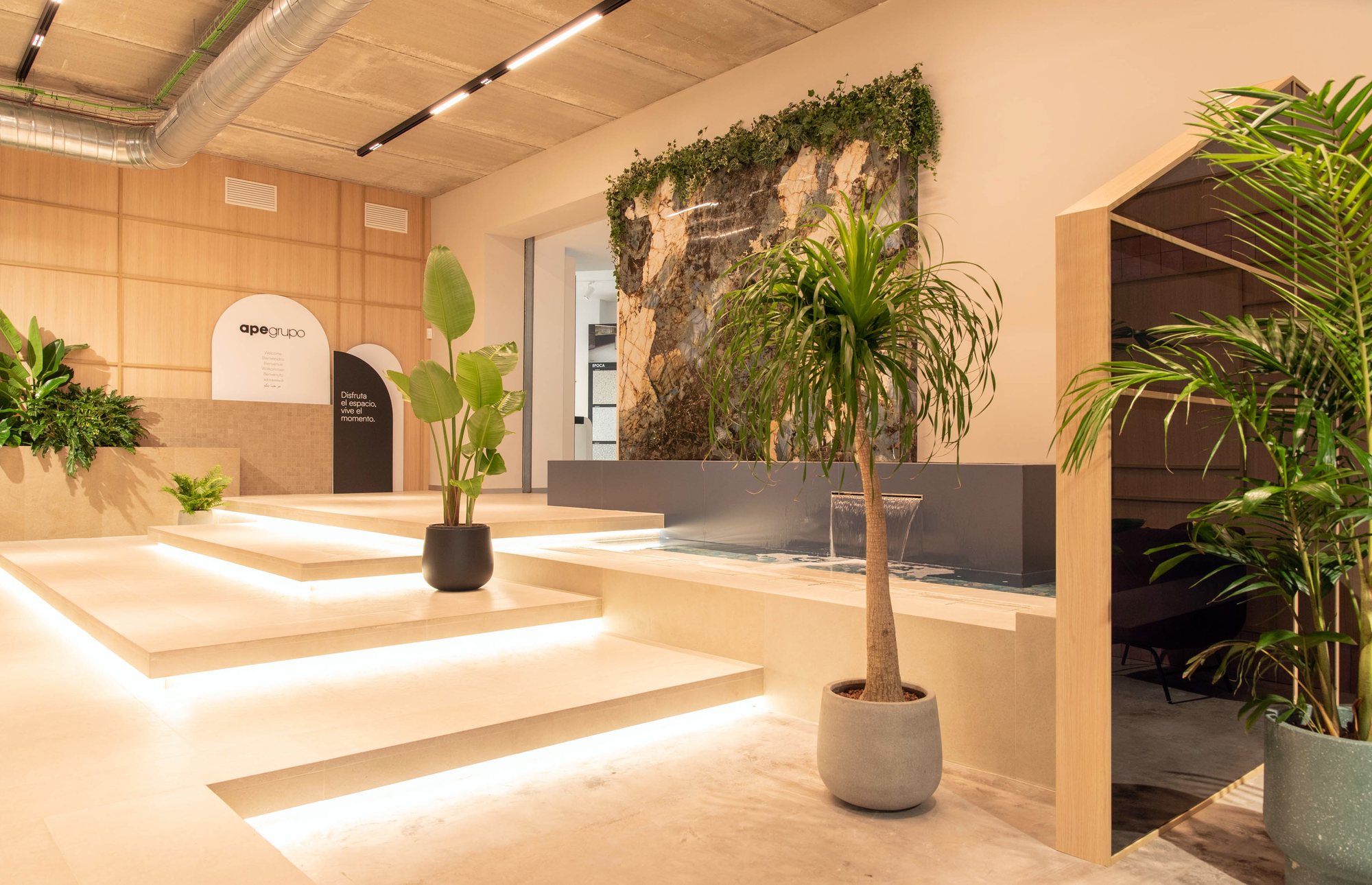 Acceso al showroom de APE Grupo con gradas y jardineras iluminadas