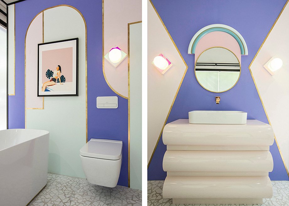 Ambiente con arcos de colores y mueble ondulado